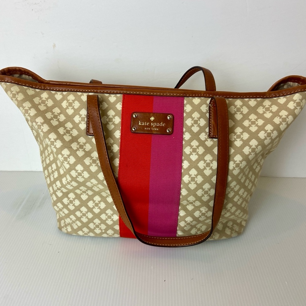 Kate Spade Classic Stevie Tan and Pink Patterned Canvas and Leather Tote